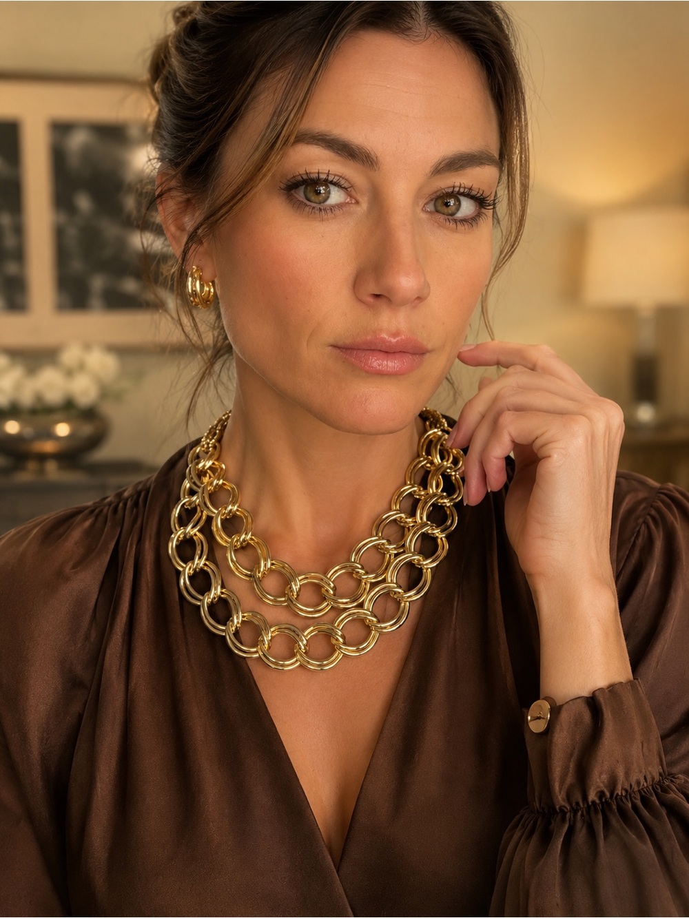 Gold Tone Double Strand Chunky Chain Statement Necklace